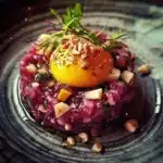 Smoked Beetroot Tartare with Egg Yolk and Hazelnut