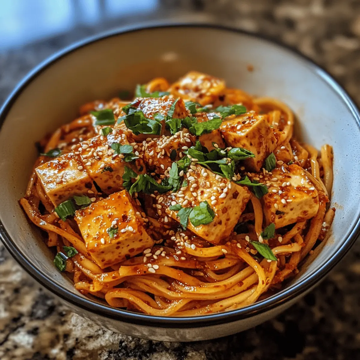 Spicy Gochujang Noodles with Crispy Tofu and Sesame