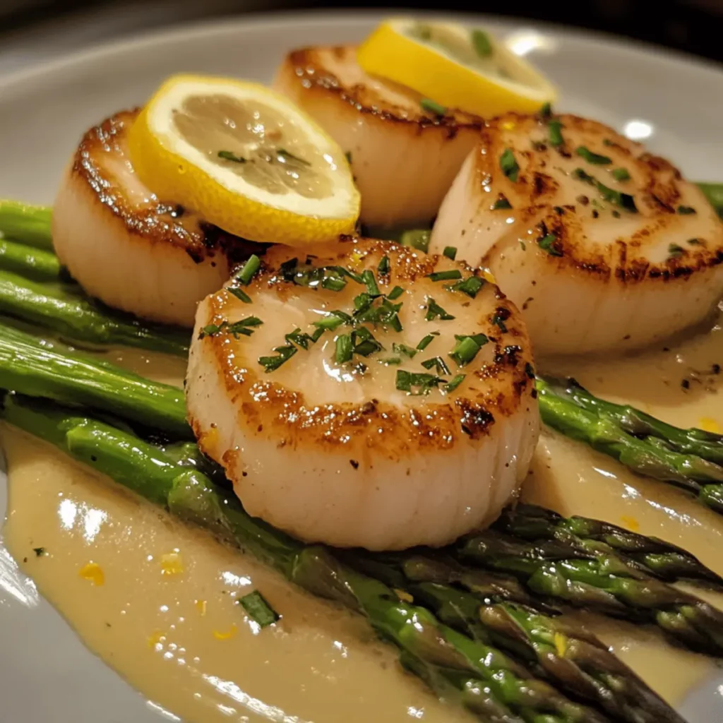 Seared Scallops with Lemon-Garlic Sauce and Asparagus