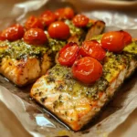Baked Pesto Salmon in Parchment Paper with Cherry Tomatoes recipe